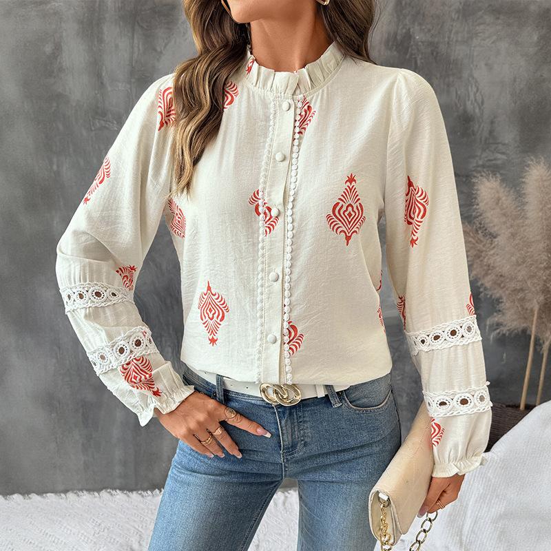 New Autumn Casual Ethnic Style Coat with Lace Single-button Stand-up Collar and Printed Shirt for Women