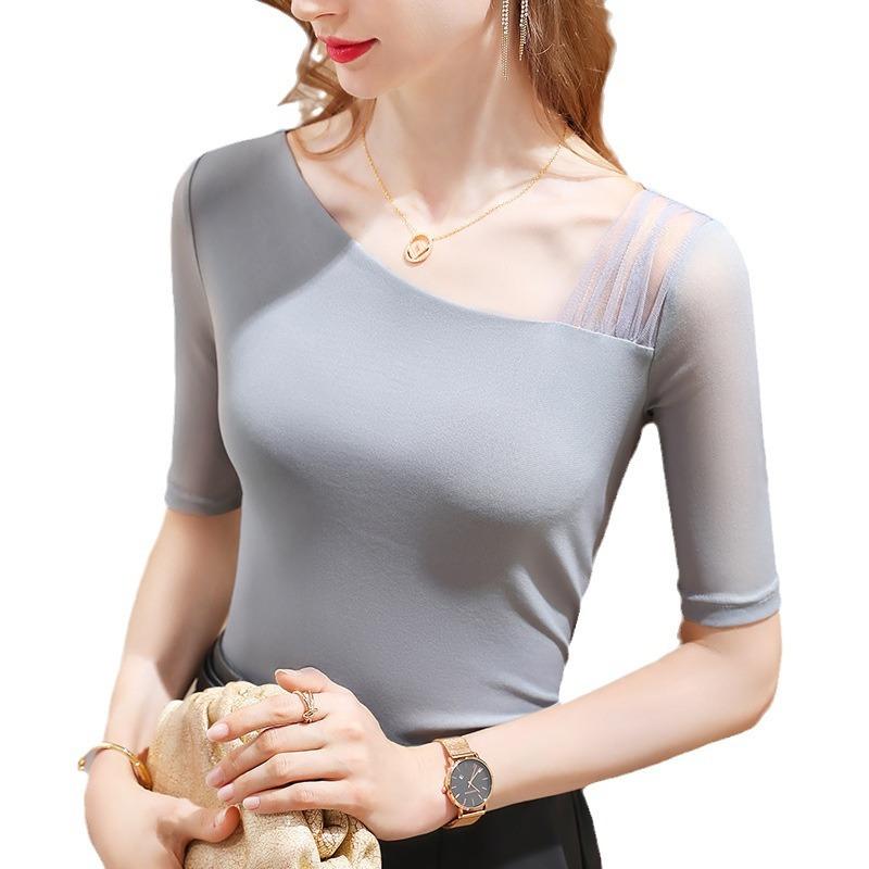 Medium-sleeved T-shirt Women's New Women's Clothing Splicing Foreign-style Shirt Temperament Slanted Shoulder V-neck Waist Top