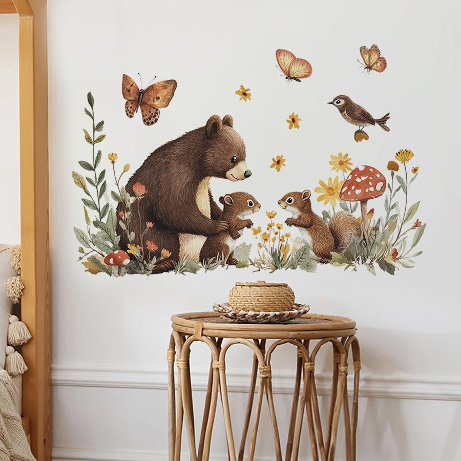 Self-adhesive Forest Style Bear and Squirrel Wall Stickers for Kids Room Bedroom Warm Home Decor