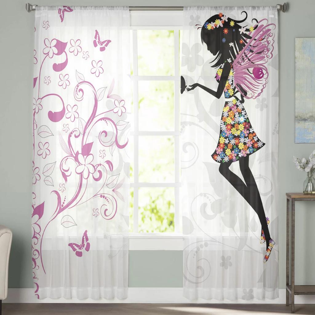 Forest Fairy Flower Butterfly Girl Tulle Curtains Living Room Bedroom Decor Chiffon Voile Kitchen Window Curtain Light Filtering For Made Of Polyester