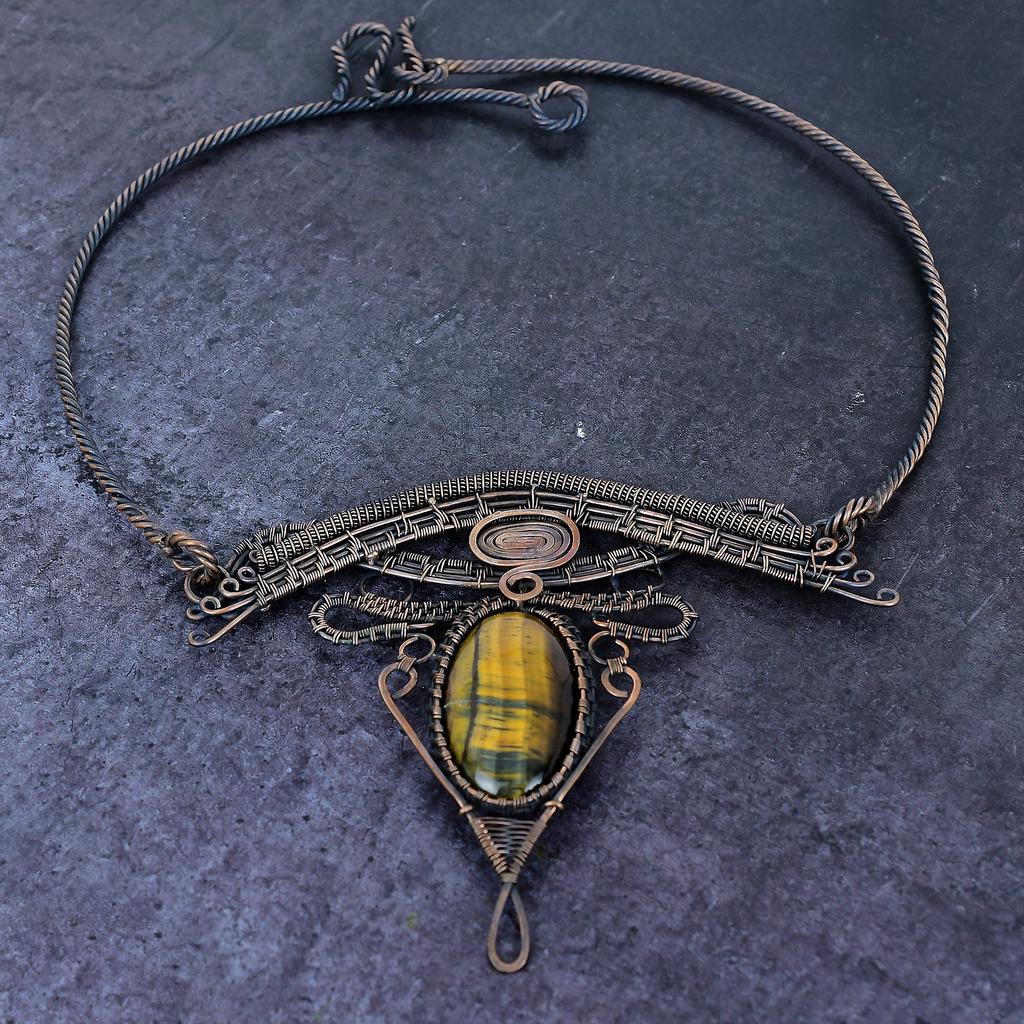 Natural Tiger Eye Gemstone Handmade Copper Wire Wrap Jewelry Necklace 18" T0S85