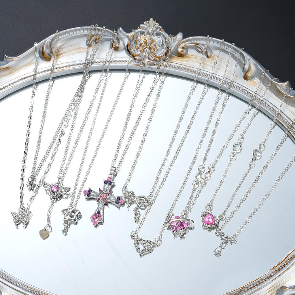 9 Pcs Gothic Y2K Pink Cross Heart Pendant Chain Choker Necklace Set For Women Girl Hip Hop Punk Charms Aesthetic Jewelry Gifts