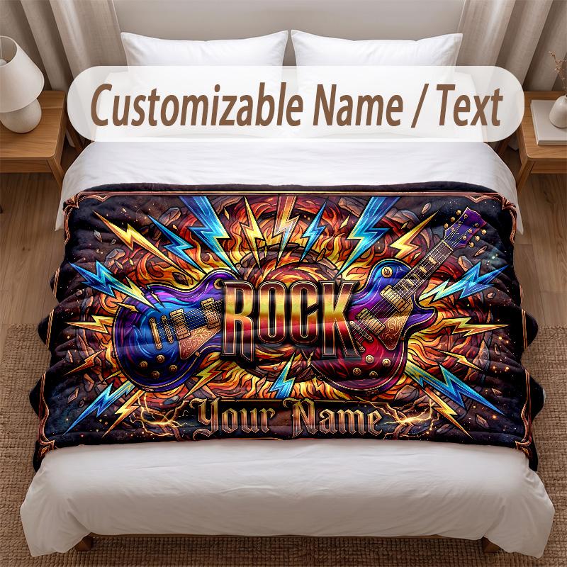 Music Guitar Theme Soft Blanket Personalized Custom Name Text Print Warm Blanket Home Sofa Bedroom Decor