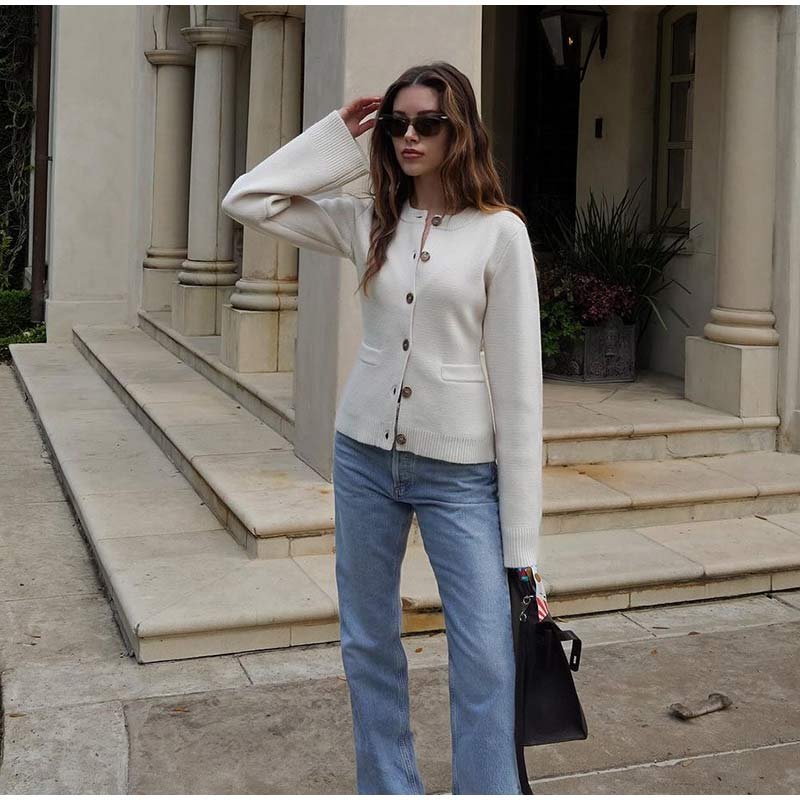 Ležérní pletený kardigan pro ženy Jednobarevný Slim O-výstřih Dlouhý rukáv Jednořadé zapínání Kapsa Dámské kabáty 2024 Podzim Nové Dámské pleteniny