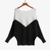 Popular women's splicing irregular knitted sweater one-word collar long-sleeved batman sweater fattened and enlarged sweater