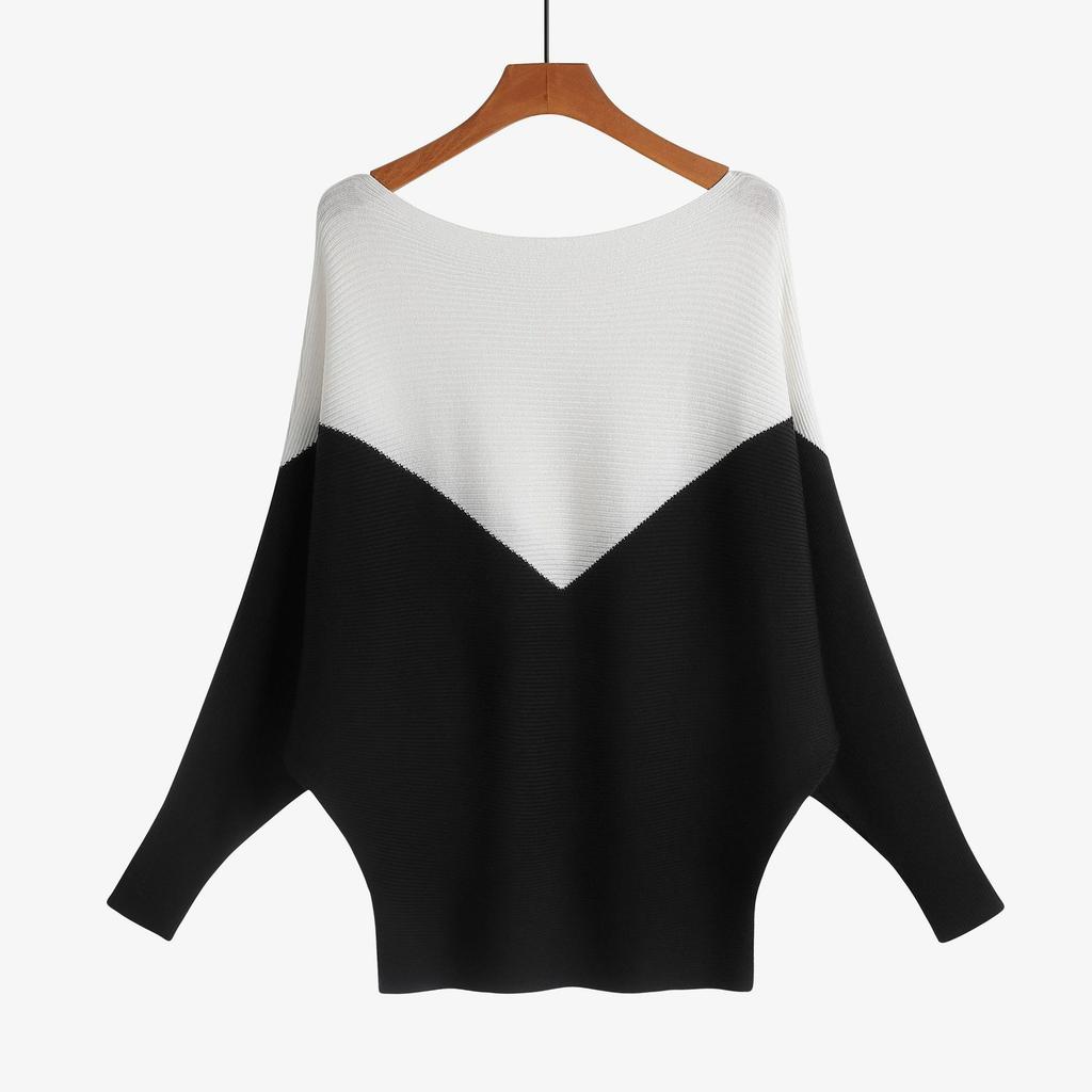 Popular women's splicing irregular knitted sweater one-word collar long-sleeved batman sweater fattened and enlarged sweater