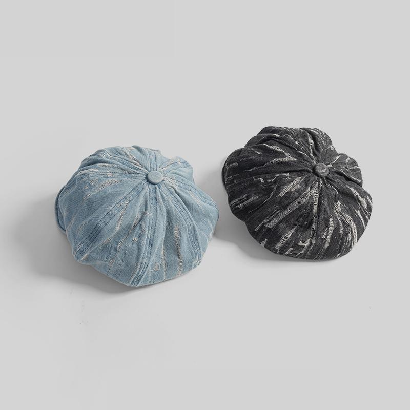Korean Style Women's Denim Beret - Vintage Washed Octagonal Cap, Spring/Autumn Casual Hole Dressed Cloud Hat Female Trendy Retro