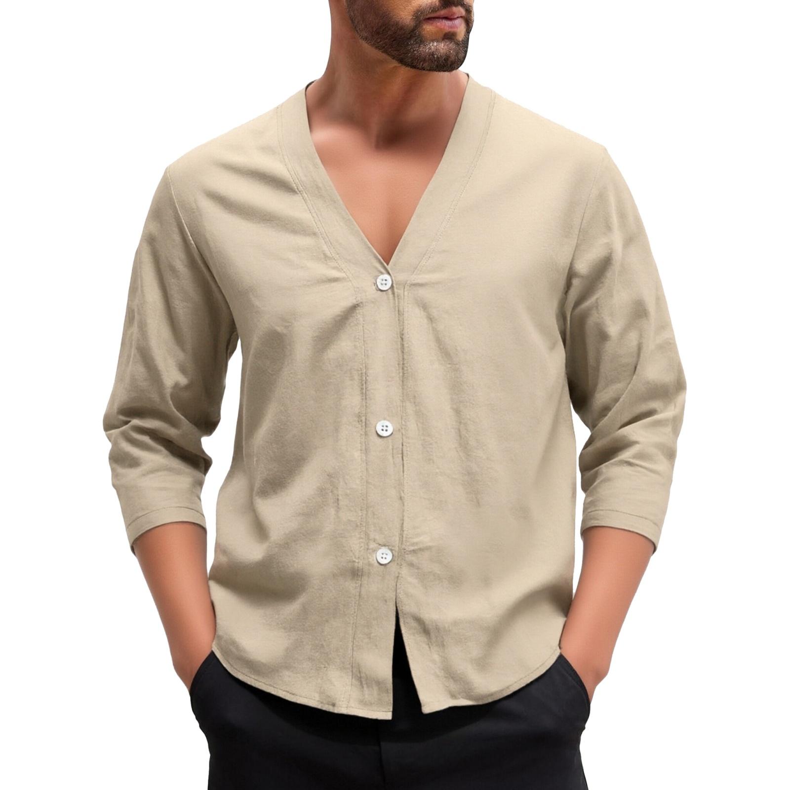 

Men s Casual Solid-color Linen V-neck Long-sleeved Button-down Cardigan XXL хакі