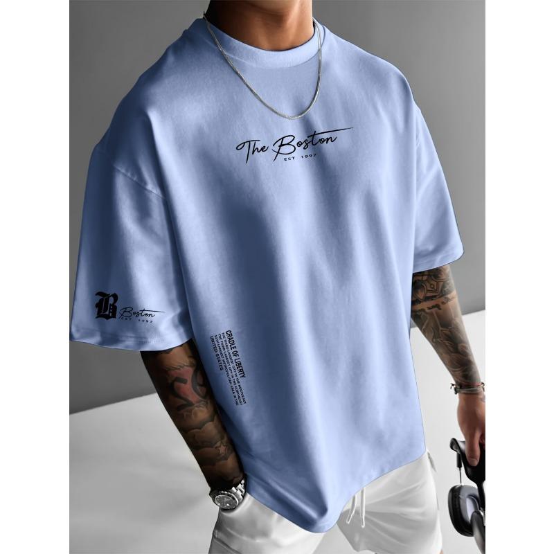 ETST46 Zomer Nieuw Mannen Casual Los Kort Gebreid Rond Hals T-shirt Boston 1997 Bedrukt Patroon Buiten Fitness Polyester Vezel Top XL