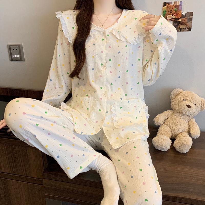 Pigiama in Cotone a Nuvole Pois - Set da Donna a Manica Lunga con Collo da Bambola per Primavera e Autunno