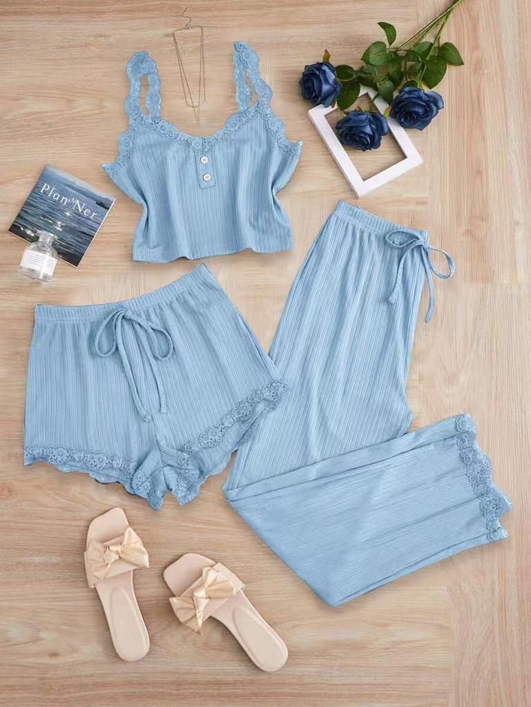 Popular Women's Three-Piece Lace Trim Pajama Set: Camisole, Shorts, and Long Pants