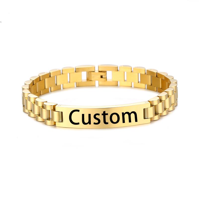 Stainless Steel Custom Engraving Name Logo  Watch Band Chain Wristband ID Bracelets for Men