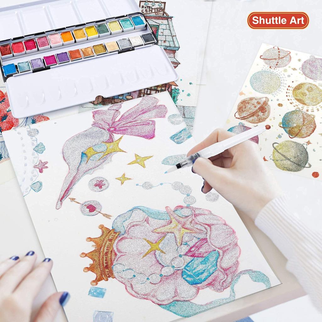Shuttle Art Solid Watercolor 24 Color Solid Half Metallic Pareto Water Brush Includes Drawing Pearl Good Easy To Quick Outdoor Coloring Learning Art