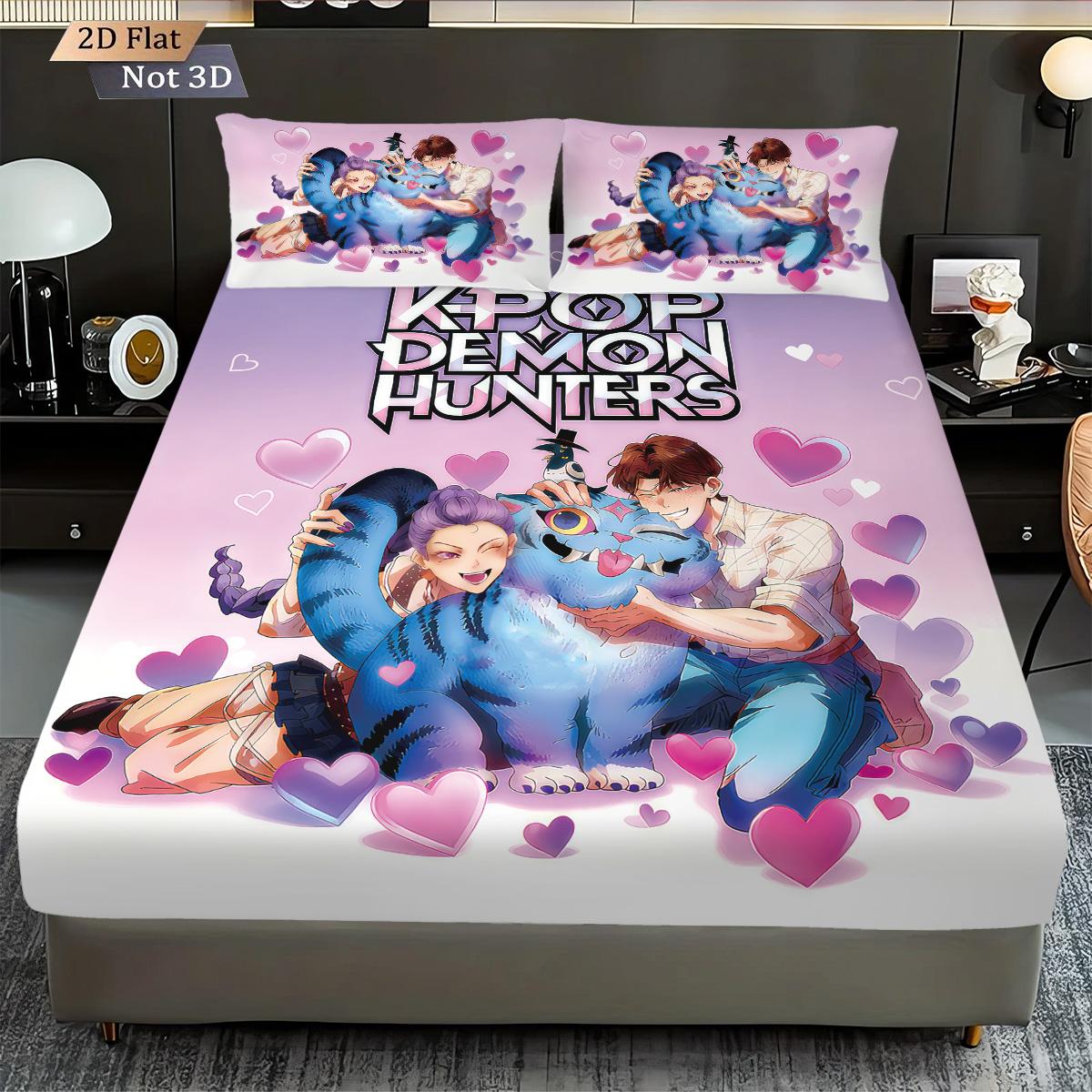 

3 шт. K-Pop Охотники на демонов Принт бесшовный комплект простыней разных размеров для спален, общежитий, покрывало для кровати, украшение, машинная стирка 90x200