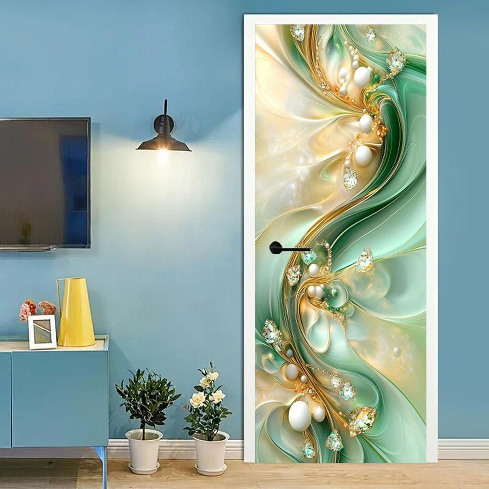 Moderne Geometrische Türsticker - Selbstklebende und abnehmbare Türsticker, grüne seidige Wellenlinien mit einem Schmuckmuster