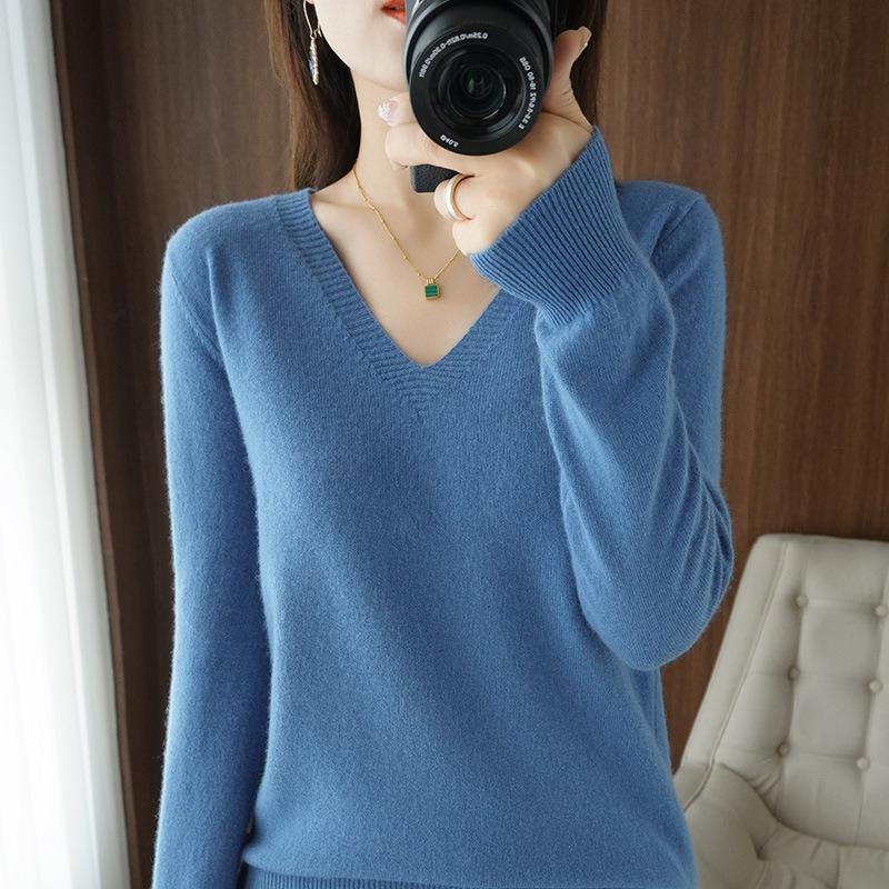 2025 Autumn Winter V-neck Knitted Pullover Women Sweater New Solid Color Fashion Elegant Casual Bottoming Shirt Thin Solid Color Simple Clothing