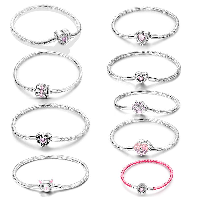 Pink Love Heart Copper Metal Bracelet High Quality Fine Jewelry Authentic Original Bracelets Zircon Cat Paw Snake Chain Designed For Do It Yourself