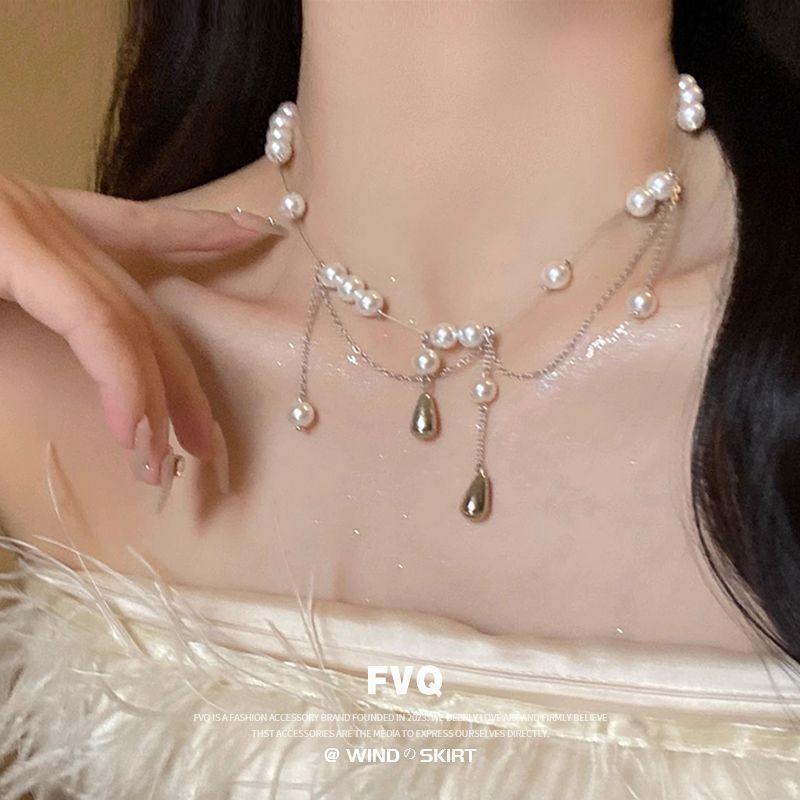 Retro Pearl Water Drop Fringed Neck Chain Temperament Design Sense Camellia Collarbone Chain Necklace Women