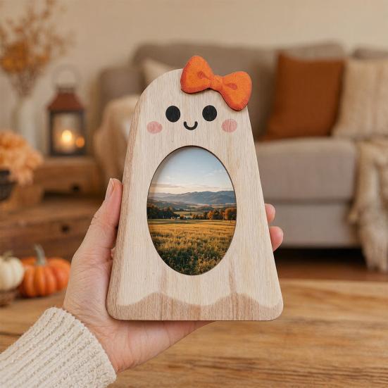 Holiday Gift Photo Holder Halloween Wooden Frame, Pumpkin/Ghost Picture Frame for Wall Personalized Hanging or Desktop Display, Home Decor Sturdy Wood