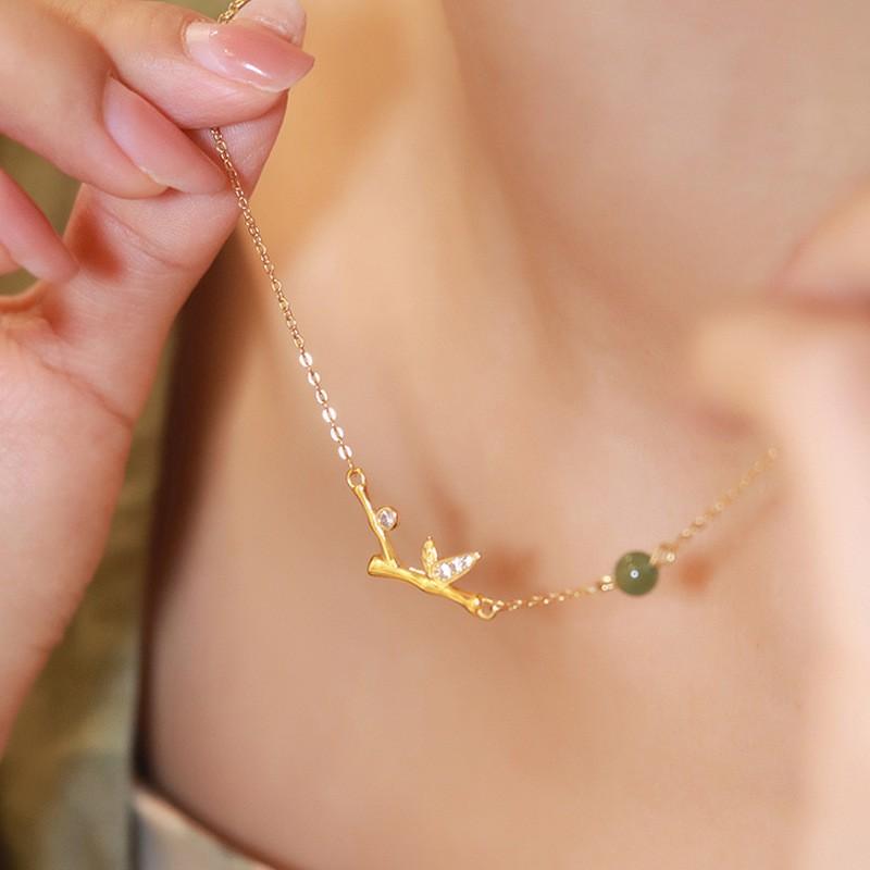 Green Jasper Round Bead Leaf Bamboo Necklace Female Antique Diamond Nodal Gaosheng Hetian Jade Bead Bracelet