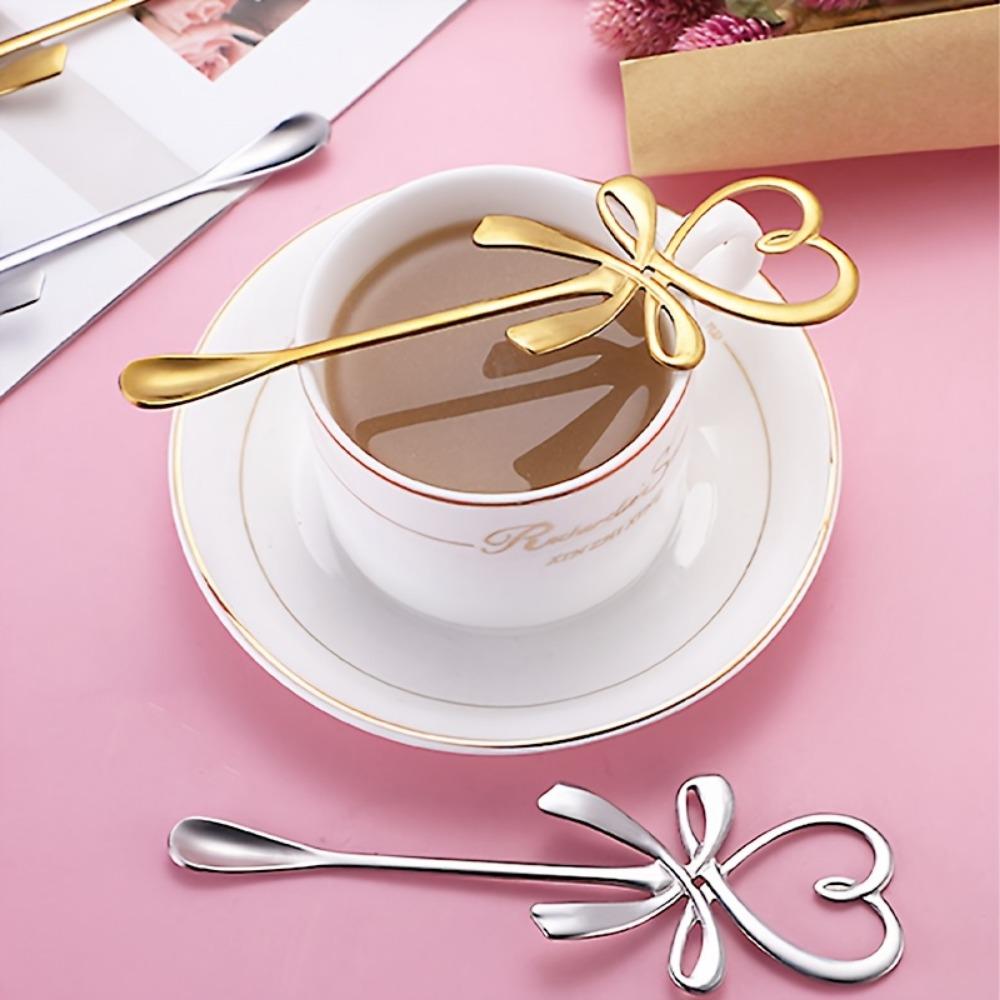 2 pcs Heart Bowknot Hanging Cup Spoon, Love Butterfly Coffee Spoon, Stainless Steel Coffee Stirring Spoon, Stainless Steel Love Bow Spoons