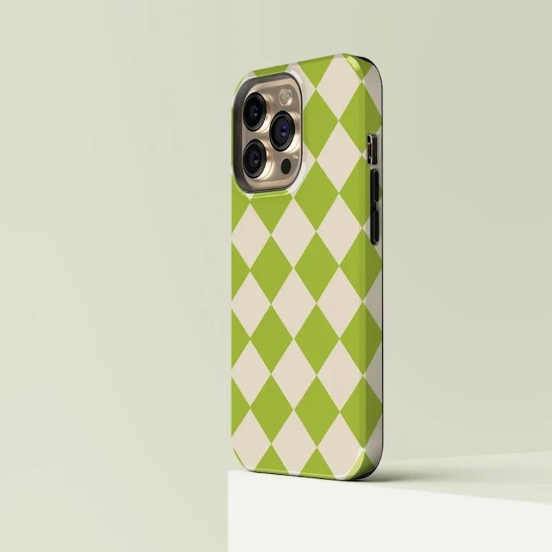 Luxury Clmj Diamond Checkered Green Phone Case for iPhone 16 15 14 13 12 11 Pro Max Plus Magnetic Double-layer Back Cover