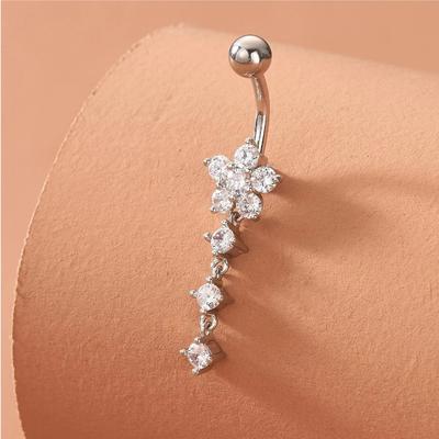 Stainless Just Flower Plum Blossom Diamond Belly Button Ring, Rhinestone Vacuum Plating Zircon Tassel Piercing Jewelry