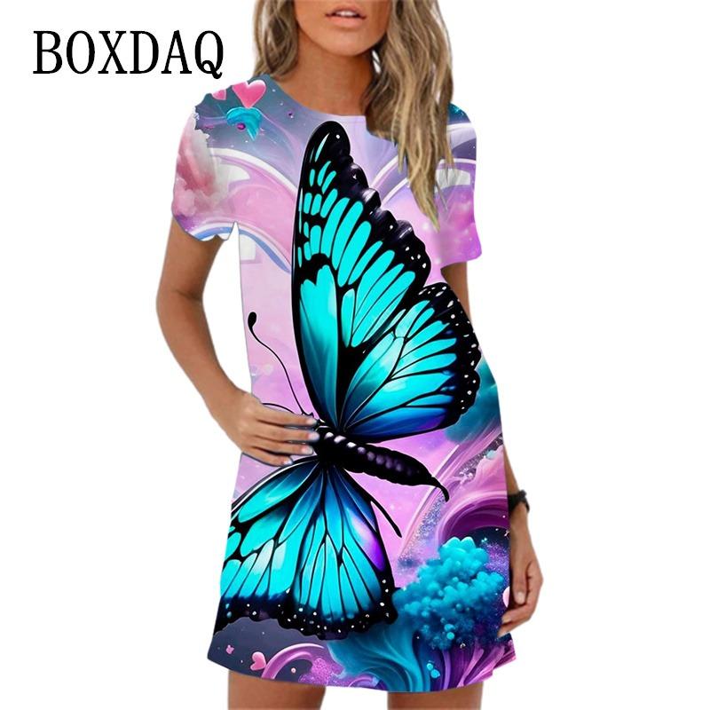 Elegant Butterfly Print Party Dress For Women Short Sleeve O-Neck Loose Casual A-Line Dress New  Spring Summer Ladies Dress