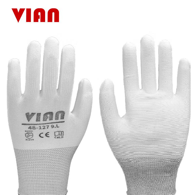 VIAN Safety Gloves, PU-Coated Finger And Palm Gloves, Durable Work Anti-Slip Thin Summer Breathable, 48-127PU Coated Gloves, White, Size L
