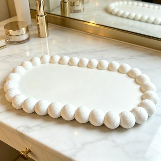Decorative Jewelry Tray 3D Printed Small Trinket Dish with Beaded Trim Cute Ring Holder Plate for Rings Earrings Necklaces Bracelet Watch Keys