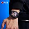 OFNS Men's Barrel-Shaped Quartz Watch with Silicone Strap, Luminous Skeleton Dial, Business Casual Style, 50M Waterproof.