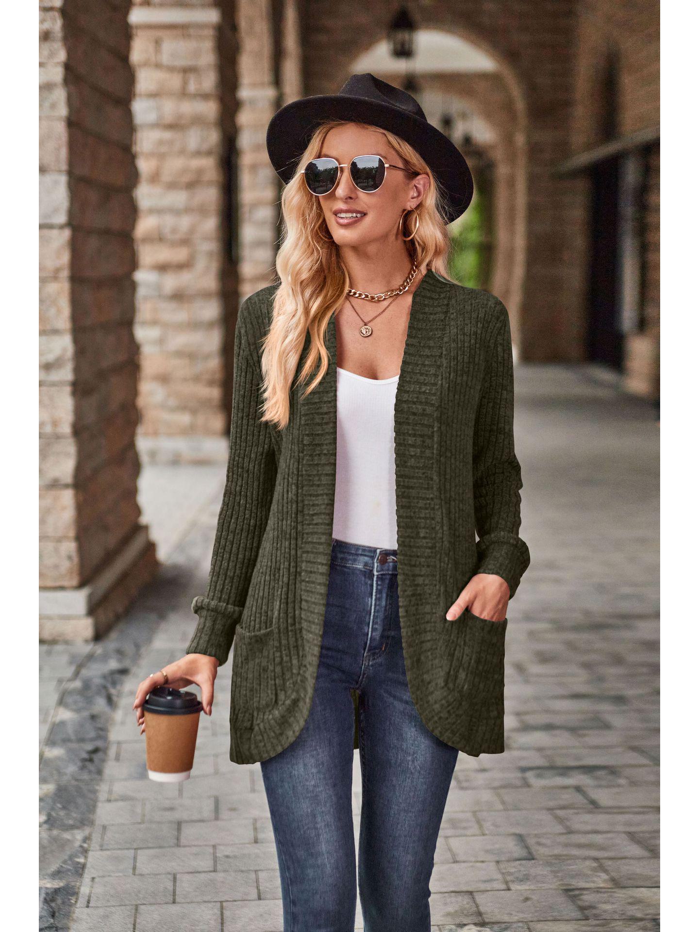 

Осенний кардиган-жакет с длинным рукавом, в полоску, однотонный, с цветной вставкой L армия зеленый