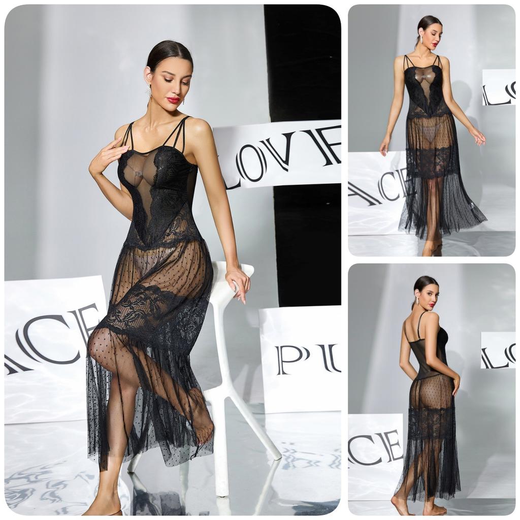 Gepunktetes Netz-Spitzen-Camisole-Nachthemd Lang Durchsichtig Atmungsaktiv Hautfreundlich Formgebend Loungewear 408 Schmeichelhaft Bequem Nachtwäsche mit Klassischen Drucken