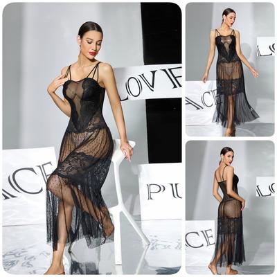 Polka Dot Mesh Lace Cami Nightgown Long Sheer Breathable Skin-Friendly Shaping Loungewear 408 Flattering Comfortable Sleepwear with Classic Prints