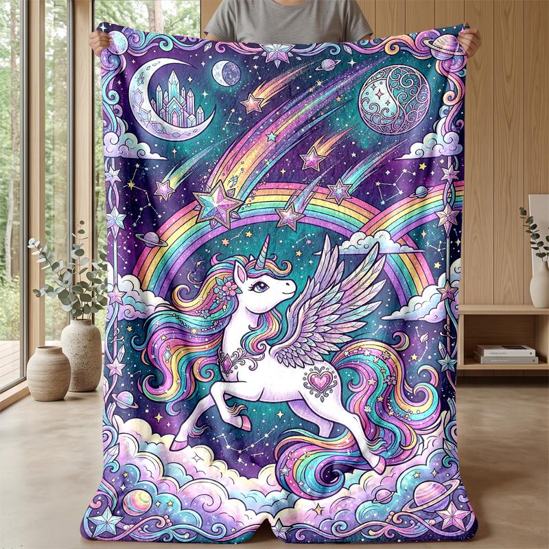 Fairy Pegasus with Rainbow Theme Blanket Lightweight Warm Flannel Blanket Decorative Throw Blanket for Home Decoration
