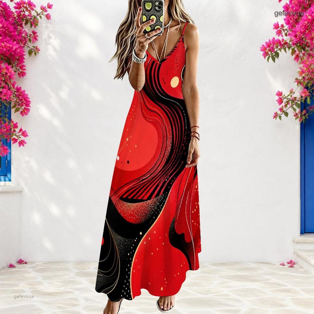Women Plus Size Off Shoulder V Neck Spaghetti Strap Sleeveless Colorful Swirl Print A Line Long Dress