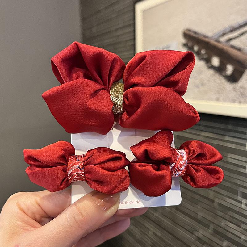 Children's Chinese New Year Red Embroidered Bow Hair Clip & Ties for Hanfu Style
