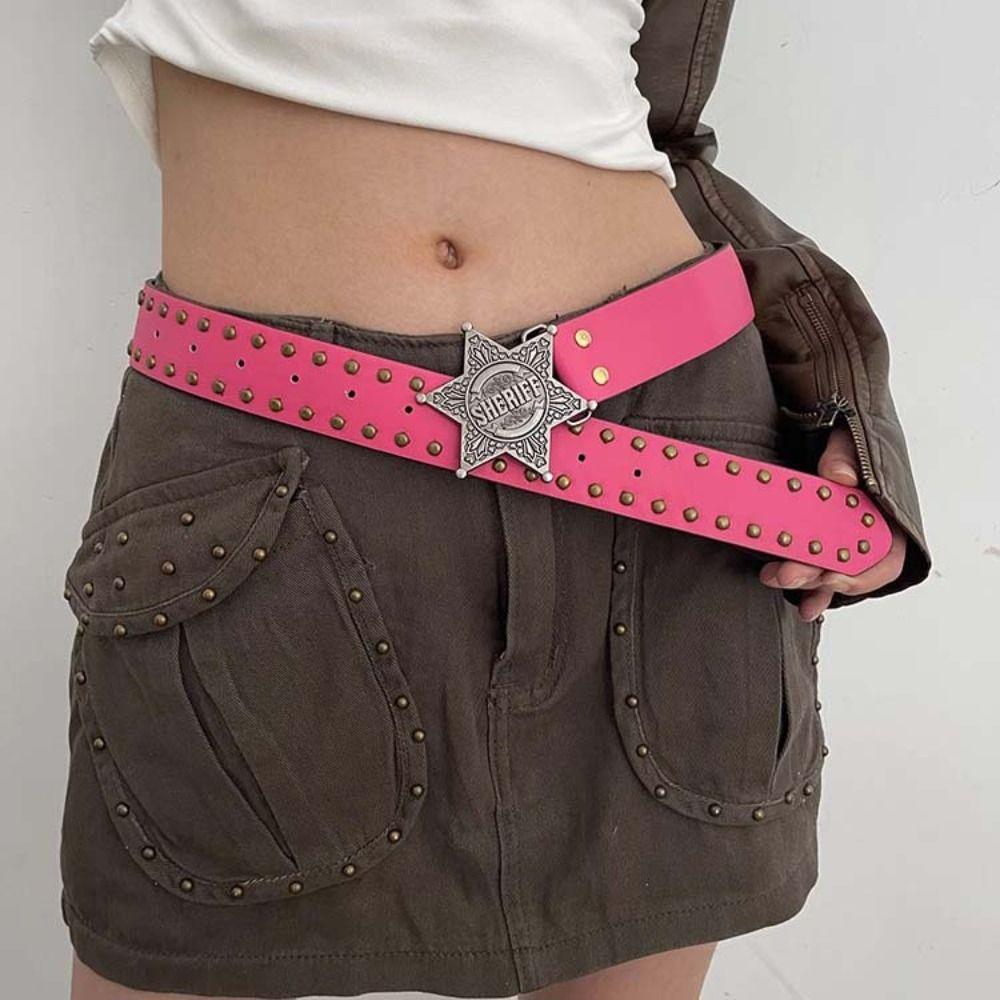 Wide Side Star PU Leather Belt Rivet Trouser Decoration Elegant Y2k Style Waist Belt  Party