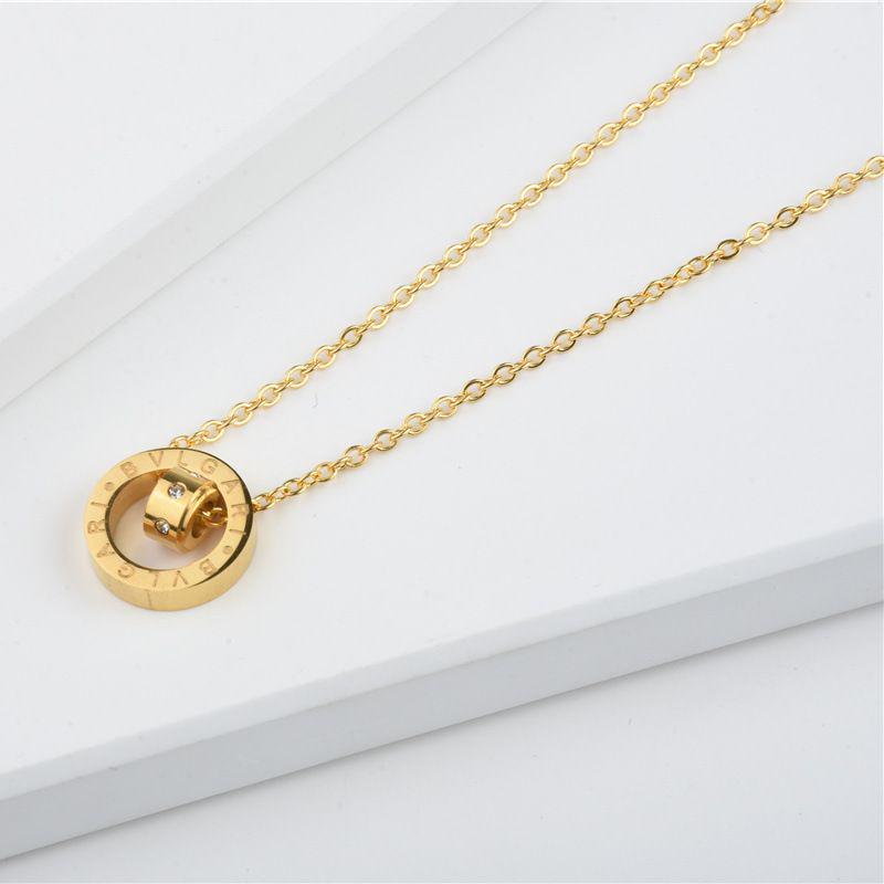Korean-Style 24K Gold-Plated Titanium Necklace with Double Ring and Interlocking Beads