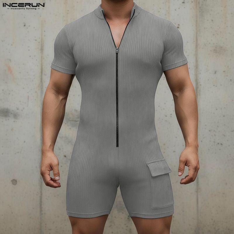 INCERUN Men Short Sleeve Zip-up Rib Jumpsuits Rompers Underwear