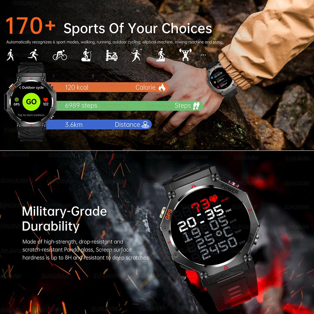 New Bulit-in GPS Outdoor Smart Watch Men Flashlight compass BT call Heart rate 10ATM Waterproof  Sports Smart watch