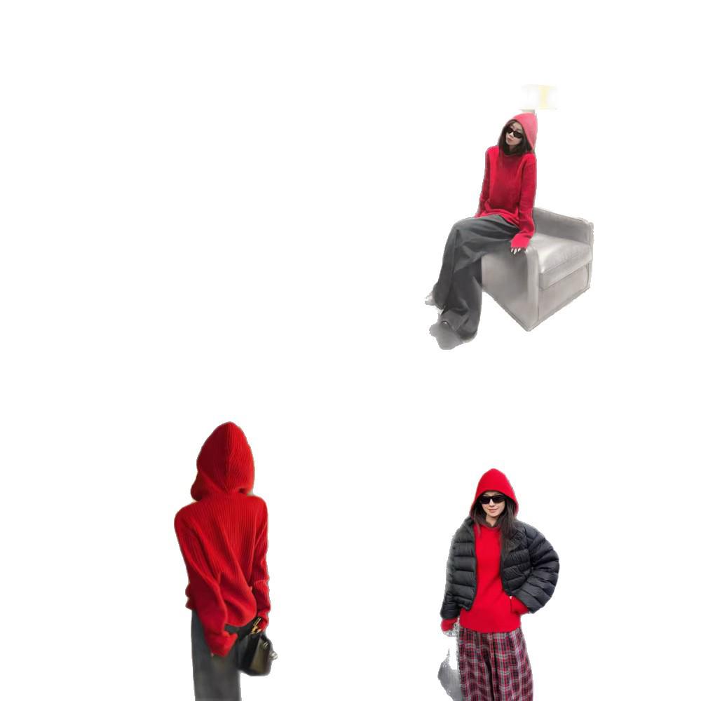 Women's Red Wool Hoodie - Zodiac Year of the Horse, New Year's Eve Edition, Autumn/Winter Knit Sweater