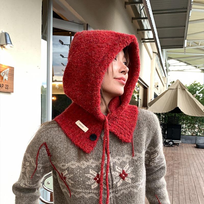 Korean Balaclava hat and scarf integrated women's autumn and winter warm ear protection hooded scarf knitted wool hat