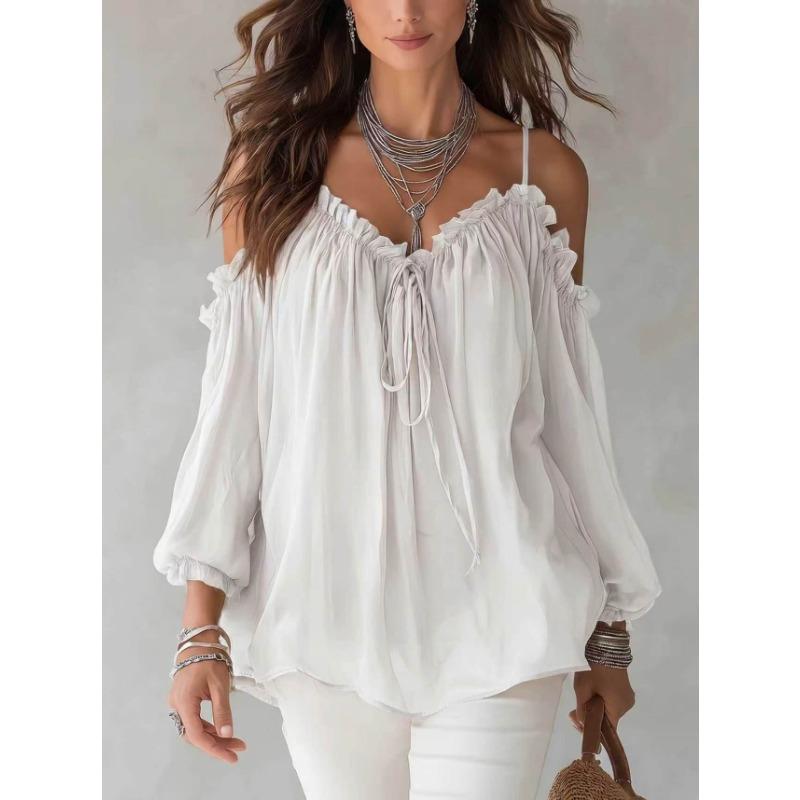 Women Casual Off Shoulder Ruffle V Neck Lace Up Strap Long Sleeve Shirt