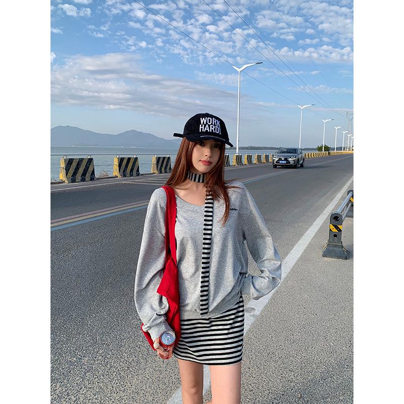 Mishang Korean-Style Casual Striped Color Block Hoodie and Skirt Set for Women Medium