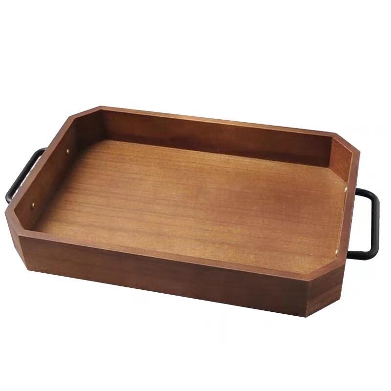 Black Rectangular Wooden Serving Tray with Iron Handles