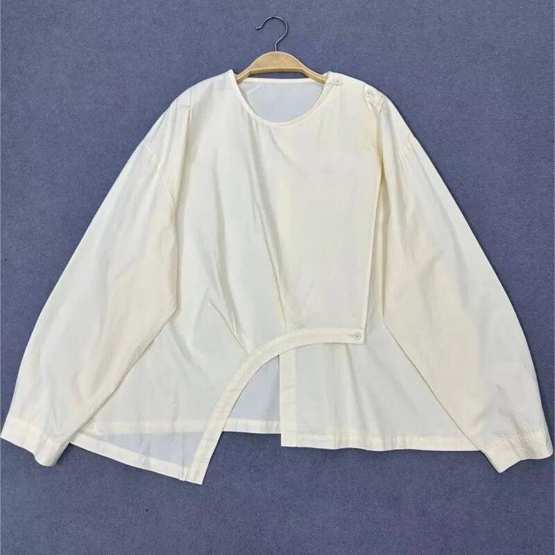 Johnature Unregelmäßiges Spleißdesign Rundhalsshirt Damen Langarm Frühling Japanischer Stil Reine Baumwolle Tops