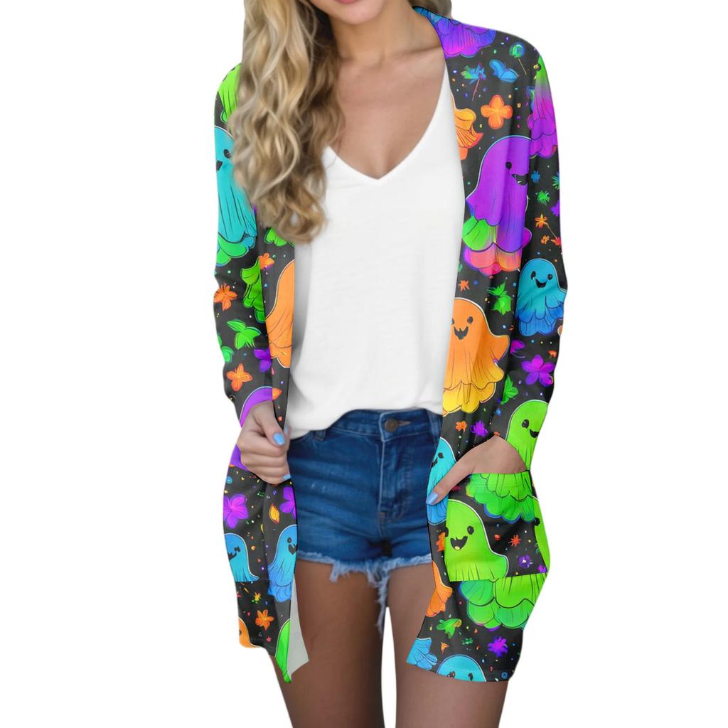 Cardigan da Donna Casual Comodo con Stampa di Halloween di Media Lunghezza con Tasche Giacca