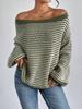 One-word neck knitted sweater versatile loose contrasting color striped lantern sleeve lazy wind sweater women's Europe and America