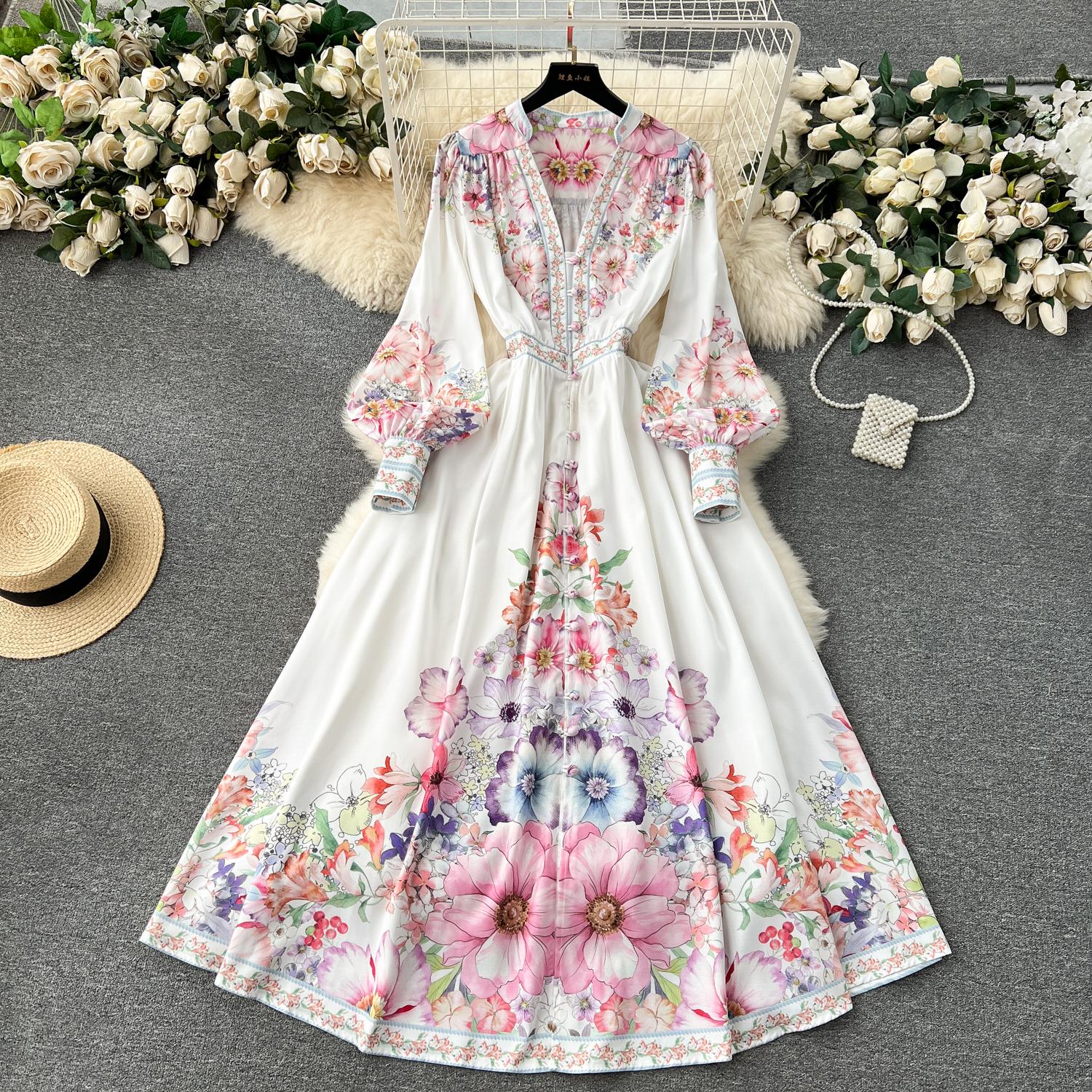 

Весеннее вечернее платье с французским принтом для женщин, винтажное длинное праздничное платье с v-образным вырезом и пышными рукавами, женское элегантное пригородное платье 2XL розовый/белый